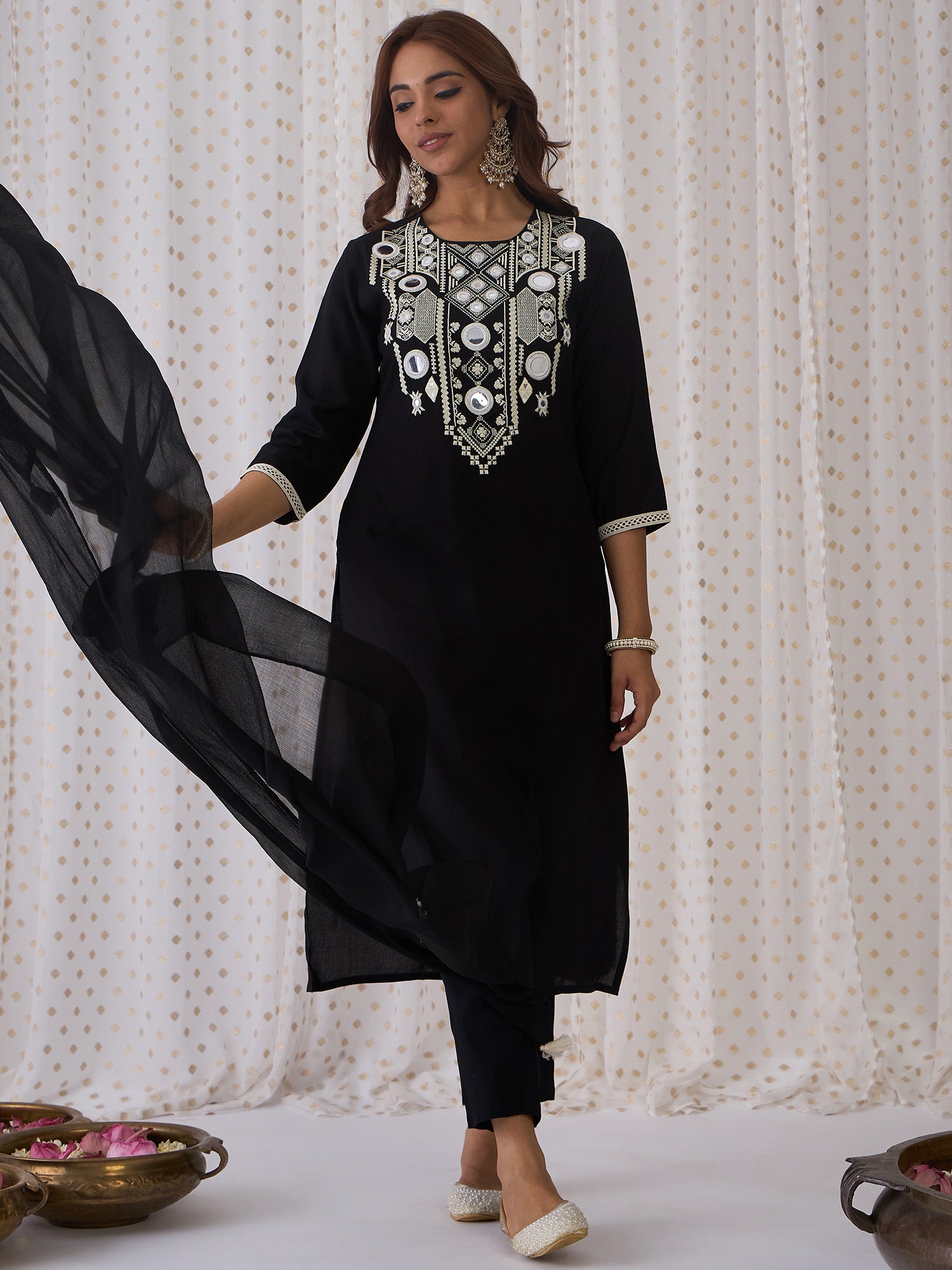 Indo Era Black Embroidered Straight Kurta Trousers With Dupatta set - Distacart