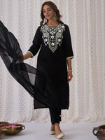Thumbnail for Indo Era Black Embroidered Straight Kurta Trousers With Dupatta set - Distacart