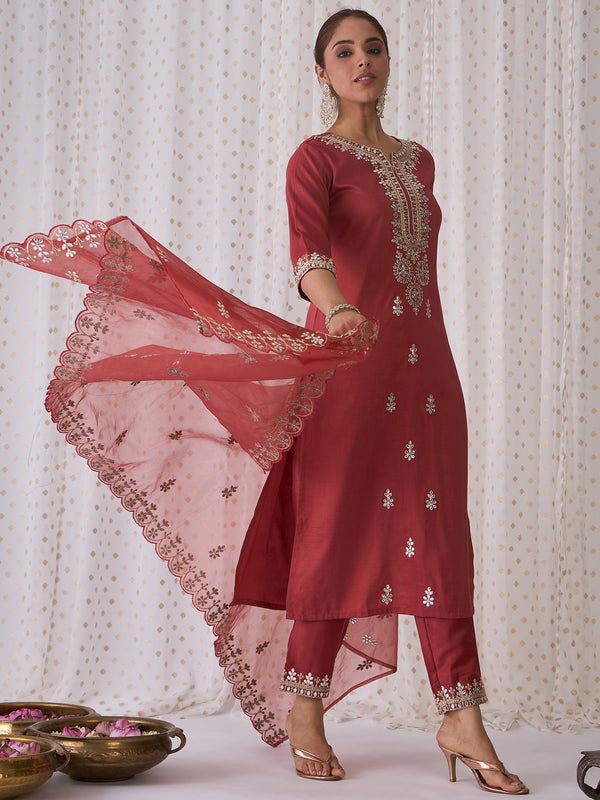 Indo Era Rust Embroidered Straight Kurta Trousers With Dupatta set - Distacart