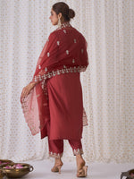 Thumbnail for Indo Era Rust Embroidered Straight Kurta Trousers With Dupatta set - Distacart