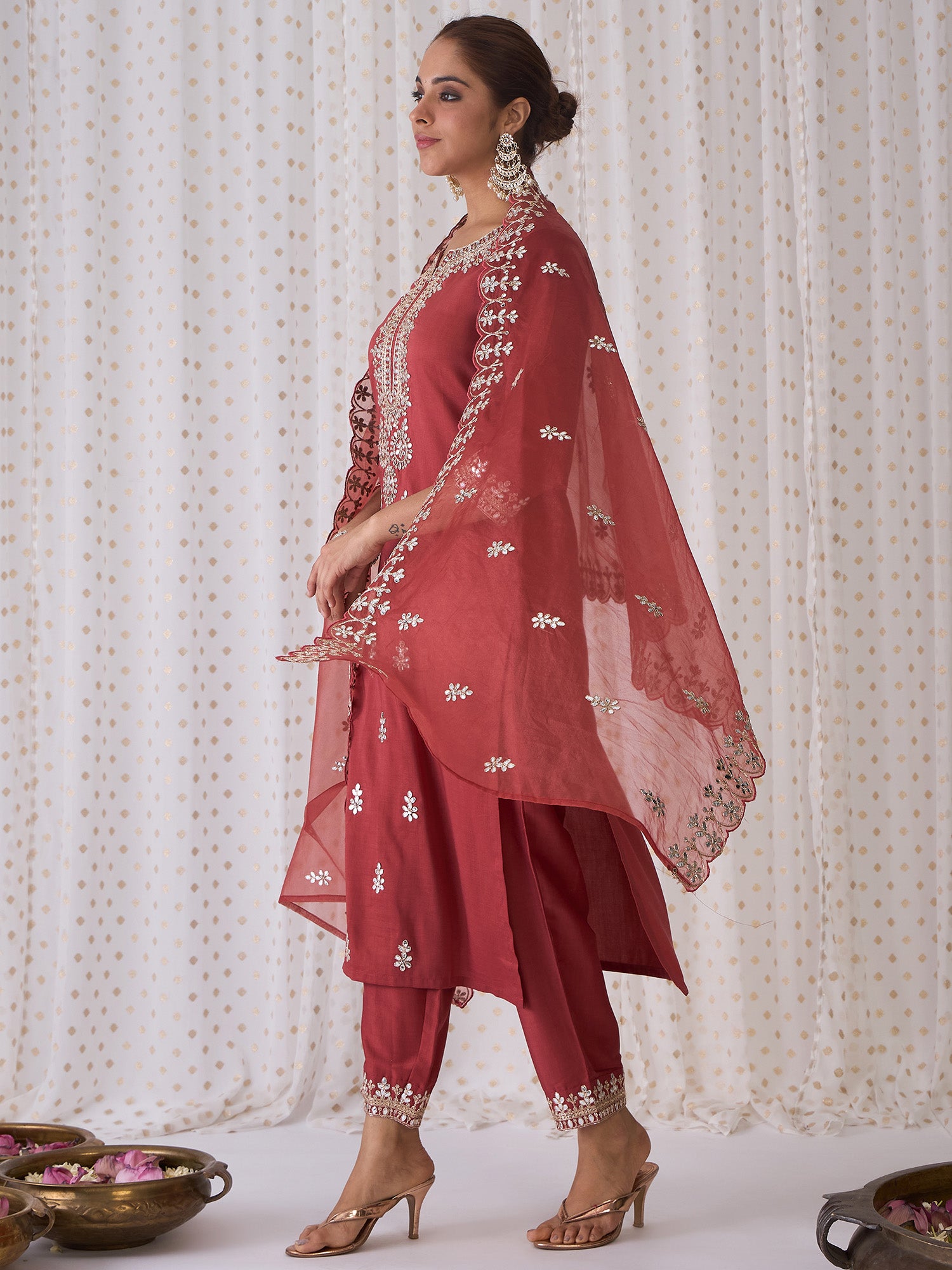 Indo Era Rust Embroidered Straight Kurta Trousers With Dupatta set - Distacart