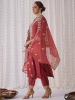 Thumbnail for Indo Era Rust Embroidered Straight Kurta Trousers With Dupatta set - Distacart