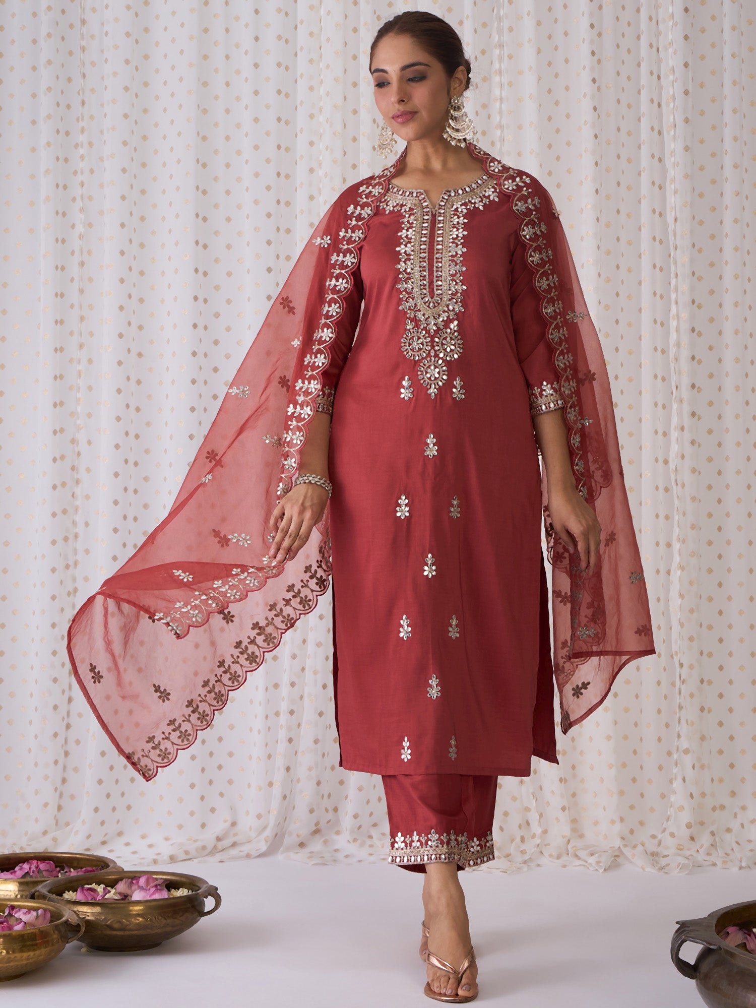 Indo Era Rust Embroidered Straight Kurta Trousers With Dupatta set - Distacart