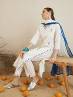 Thumbnail for Indo Era Off White Embroidered Straight Kurta Trousers With Dupatta set - Distacart