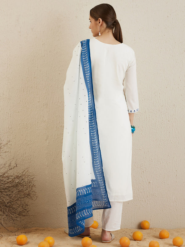 Indo Era Off White Embroidered Straight Kurta Trousers With Dupatta set - Distacart