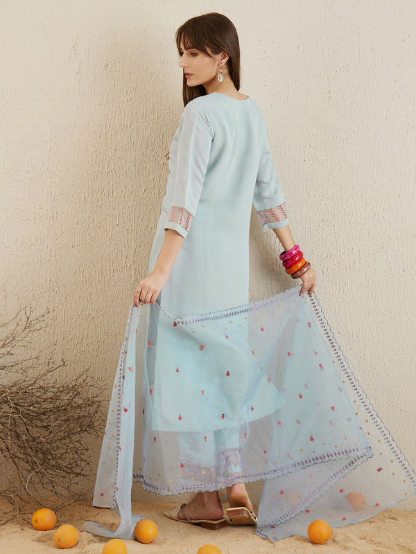 Indo Era Blue Embroidered Straight Kurta Trousers With Dupatta set - Distacart