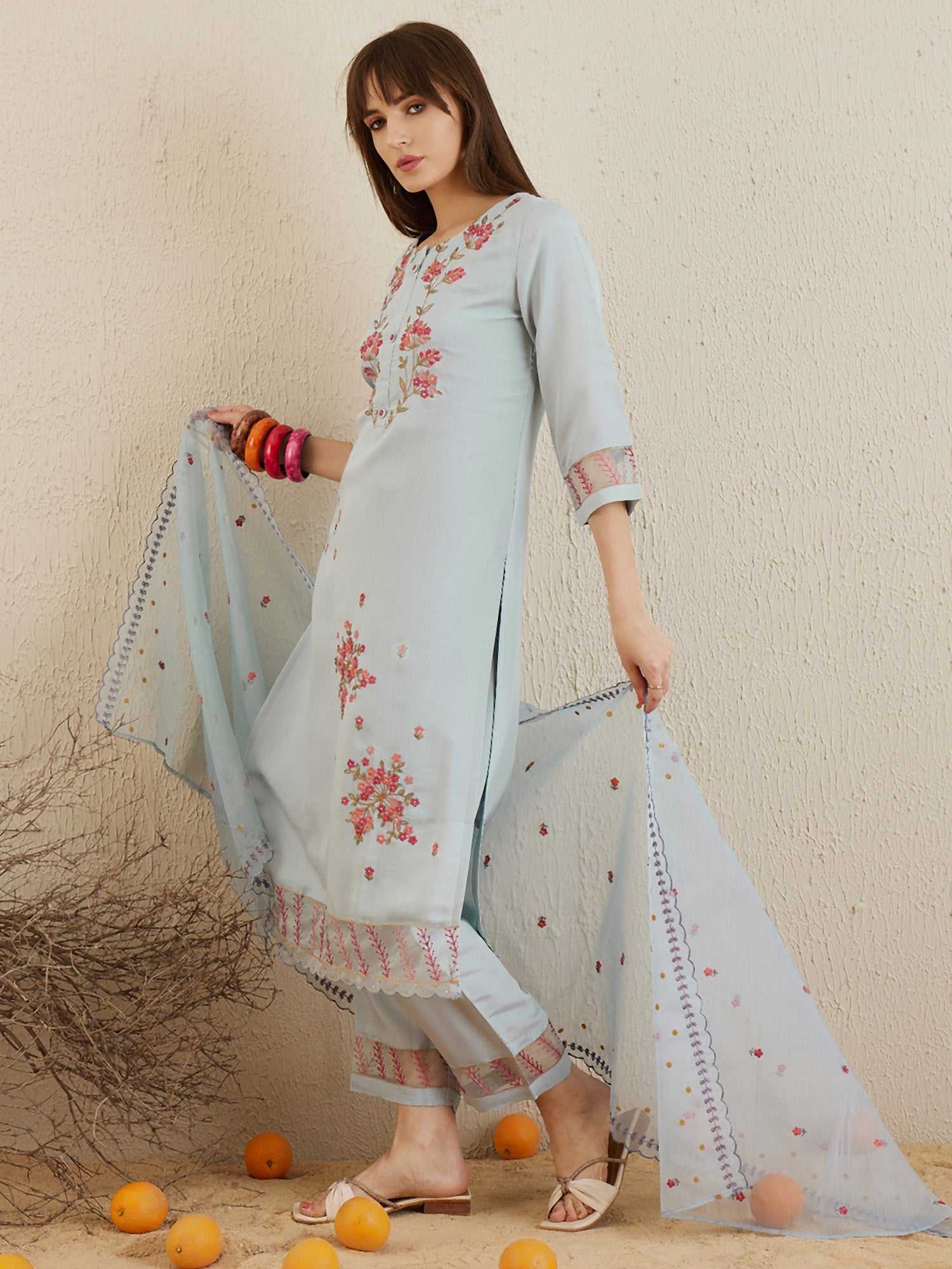 Indo Era Blue Embroidered Straight Kurta Trousers With Dupatta set - Distacart