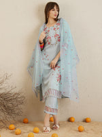 Thumbnail for Indo Era Blue Embroidered Straight Kurta Trousers With Dupatta set - Distacart