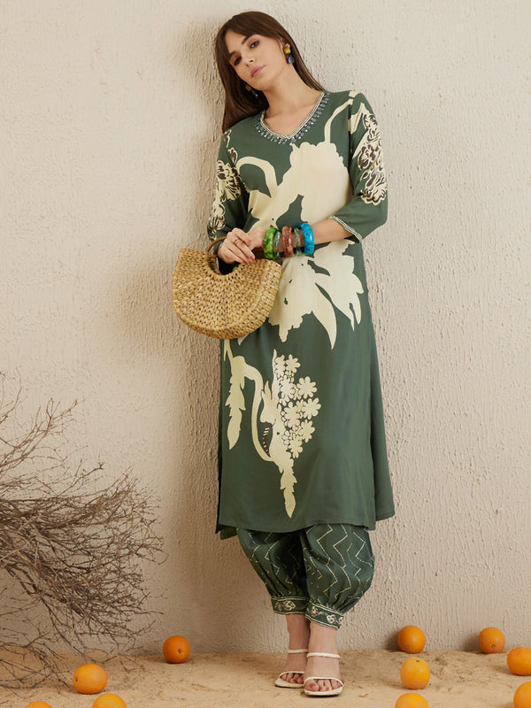 Indo Era Green Printed A-Line Kurta Salwar set - Distacart