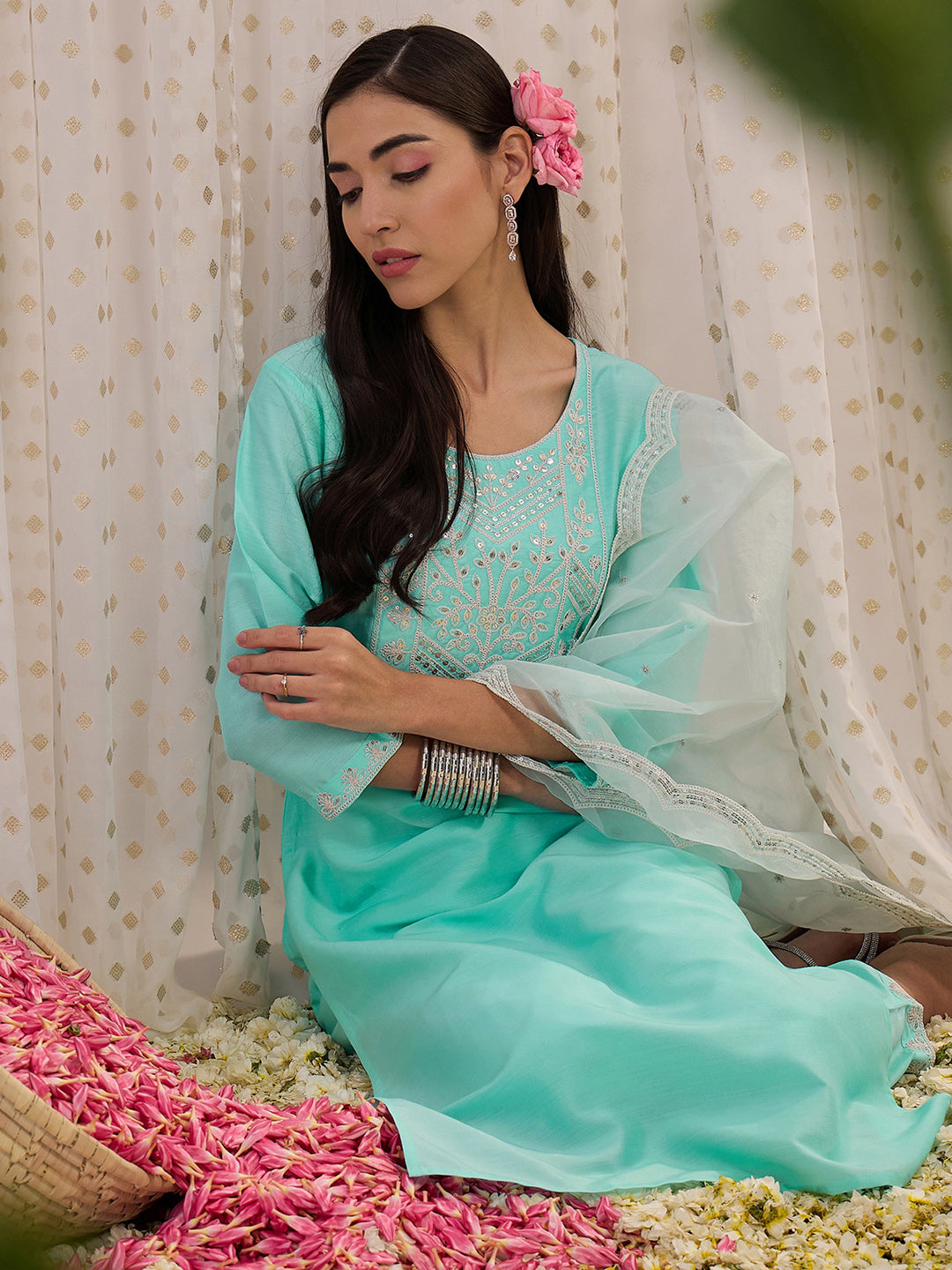Indo Era Blue Embroidered Straight Kurta Trousers With Dupatta set - Distacart