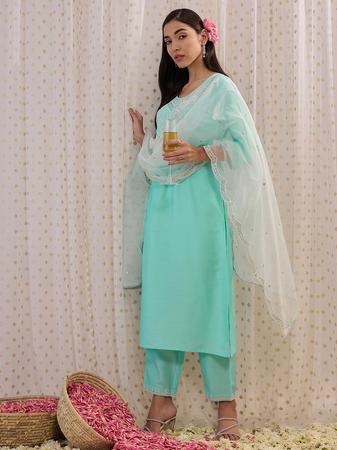 Indo Era Blue Embroidered Straight Kurta Trousers With Dupatta set - Distacart