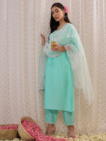 Thumbnail for Indo Era Blue Embroidered Straight Kurta Trousers With Dupatta set - Distacart
