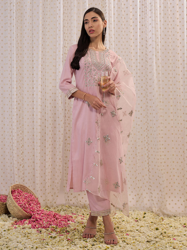 Indo Era Pink Embroidered Straight Kurta Trousers With Dupatta set - Distacart
