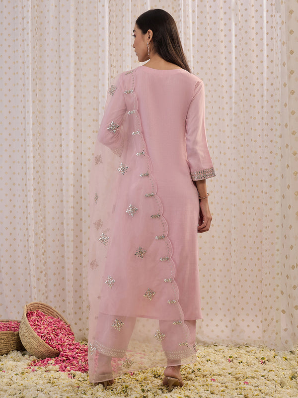 Indo Era Pink Embroidered Straight Kurta Trousers With Dupatta set - Distacart