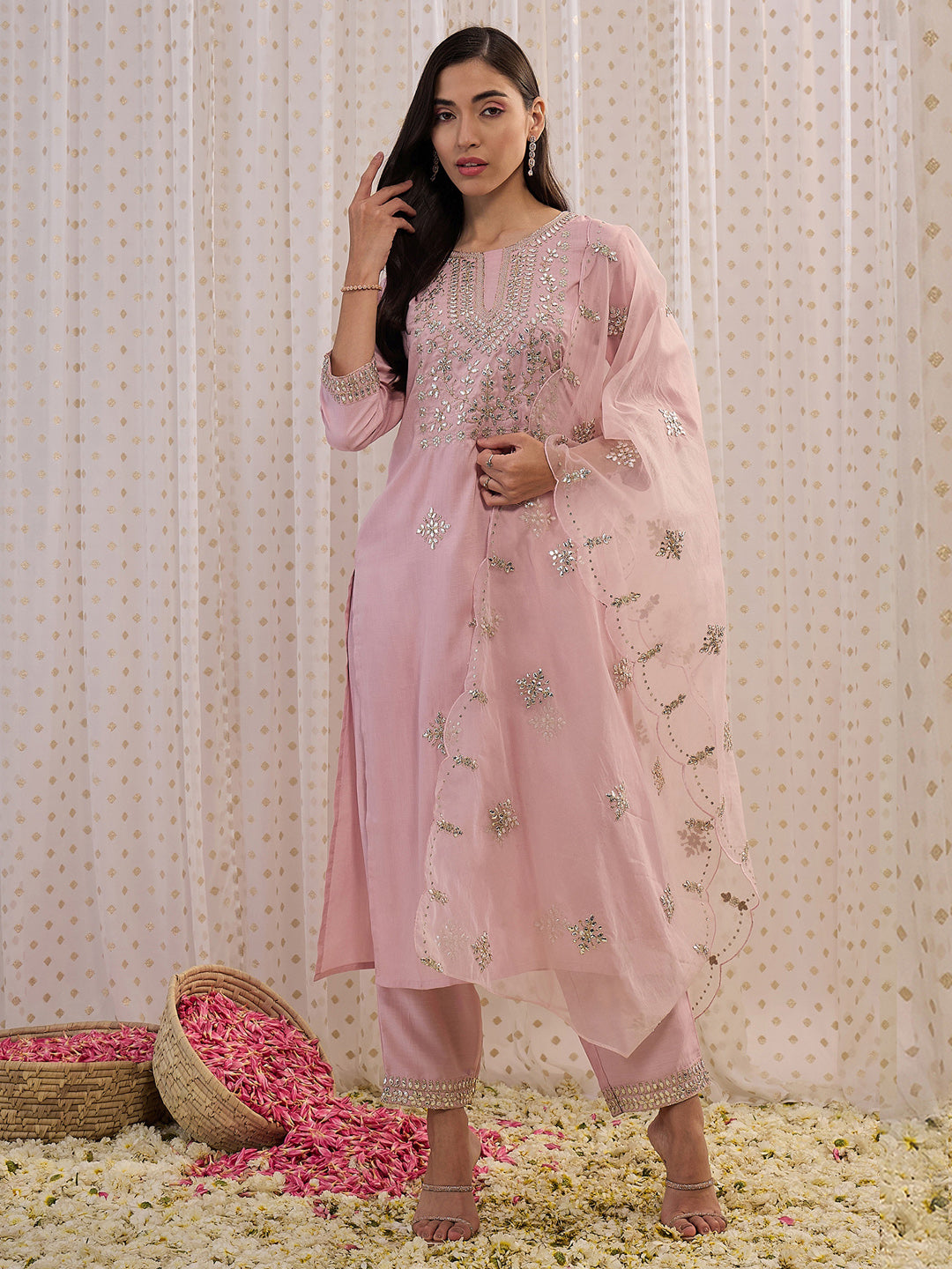 Indo Era Pink Embroidered Straight Kurta Trousers With Dupatta set - Distacart