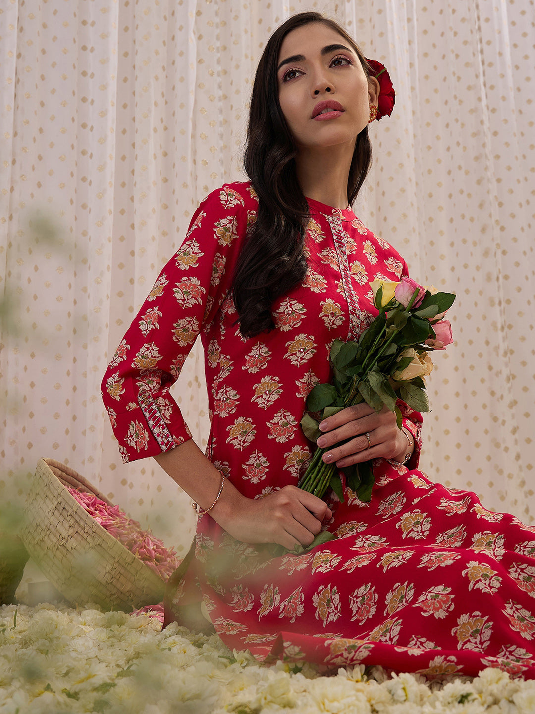 Indo Era Pink Printed Straight Kurta - Distacart