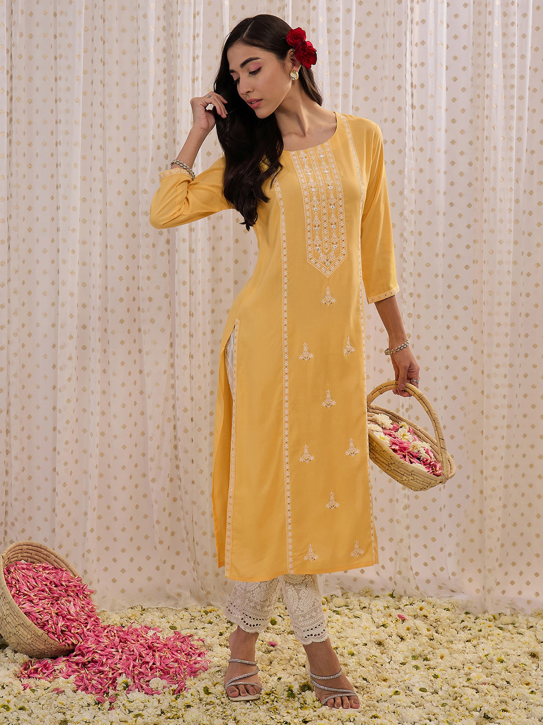 Indo Era Yellow Embroidered Straight Kurta - Distacart