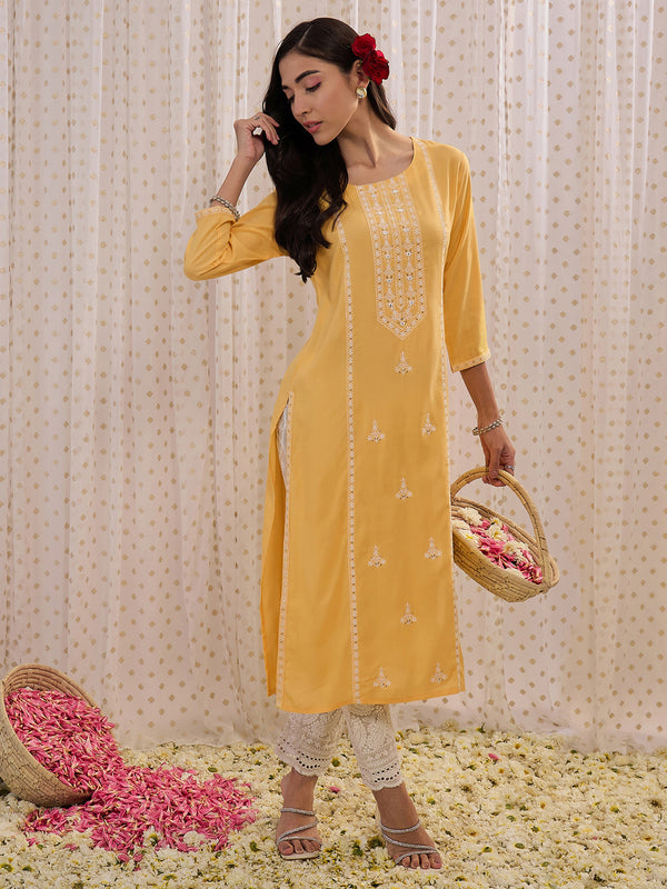 Indo Era Yellow Embroidered Straight Kurta - Distacart