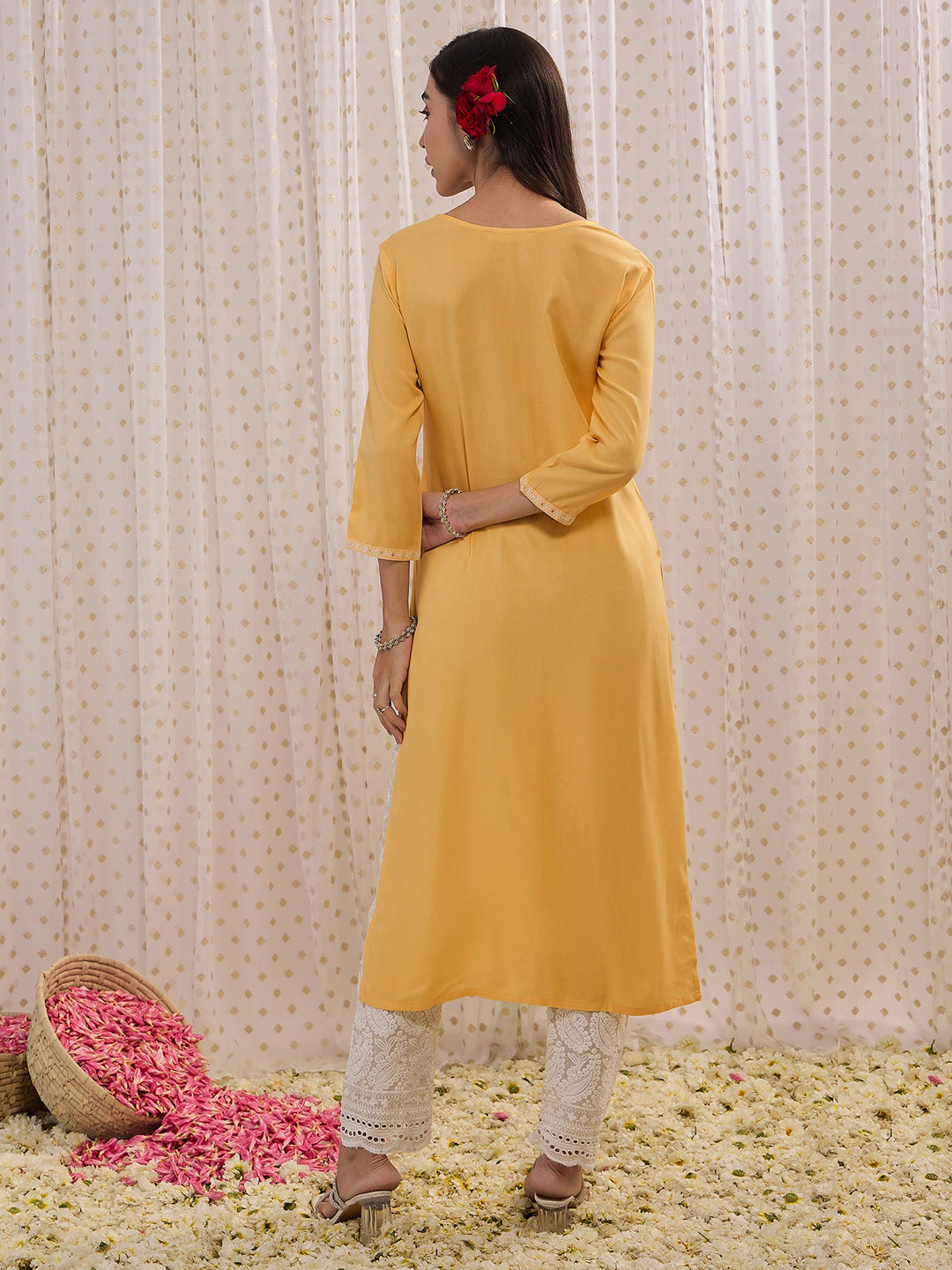 Indo Era Yellow Embroidered Straight Kurta - Distacart
