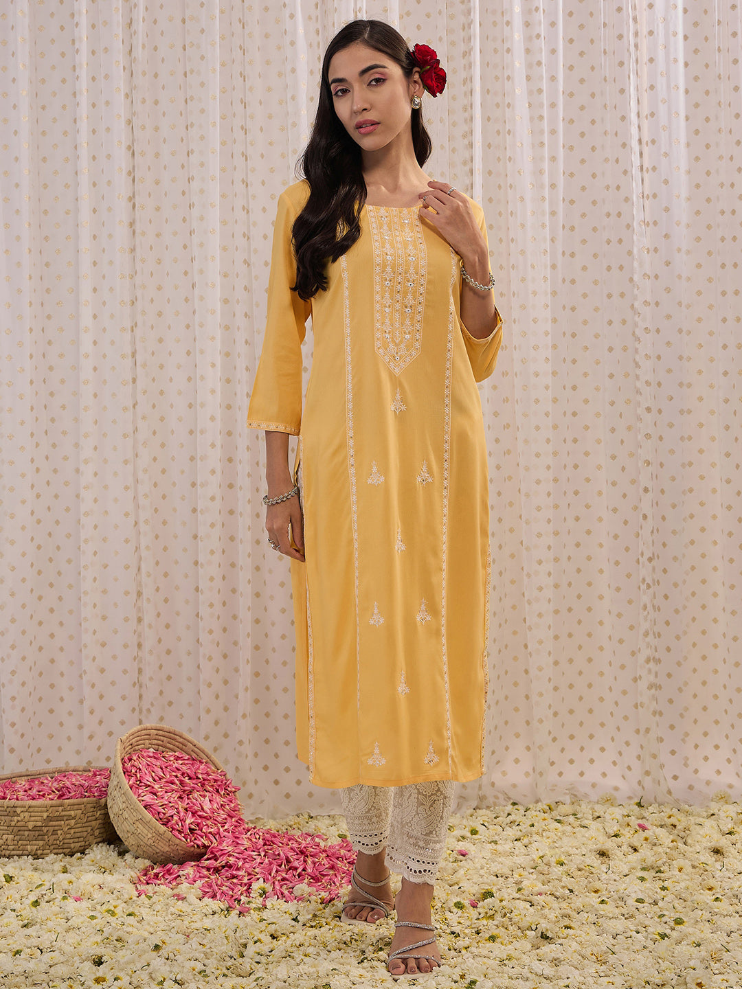 Indo Era Yellow Embroidered Straight Kurta - Distacart