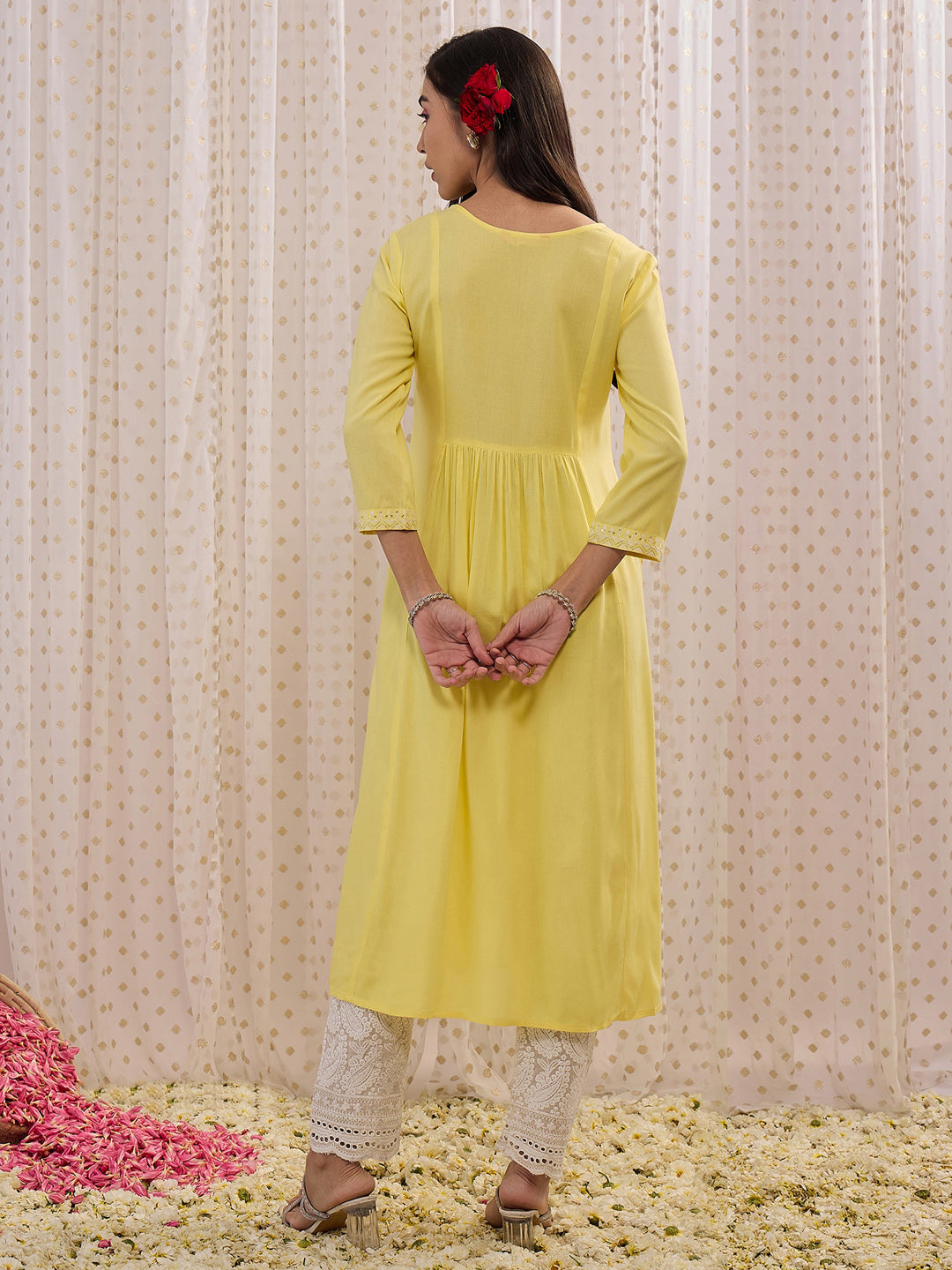Indo Era Yellow Embroidered A-Line Kurta - Distacart
