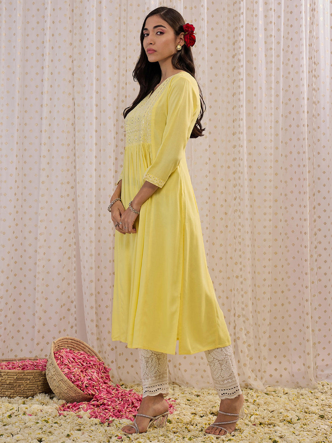 Indo Era Yellow Embroidered A-Line Kurta - Distacart