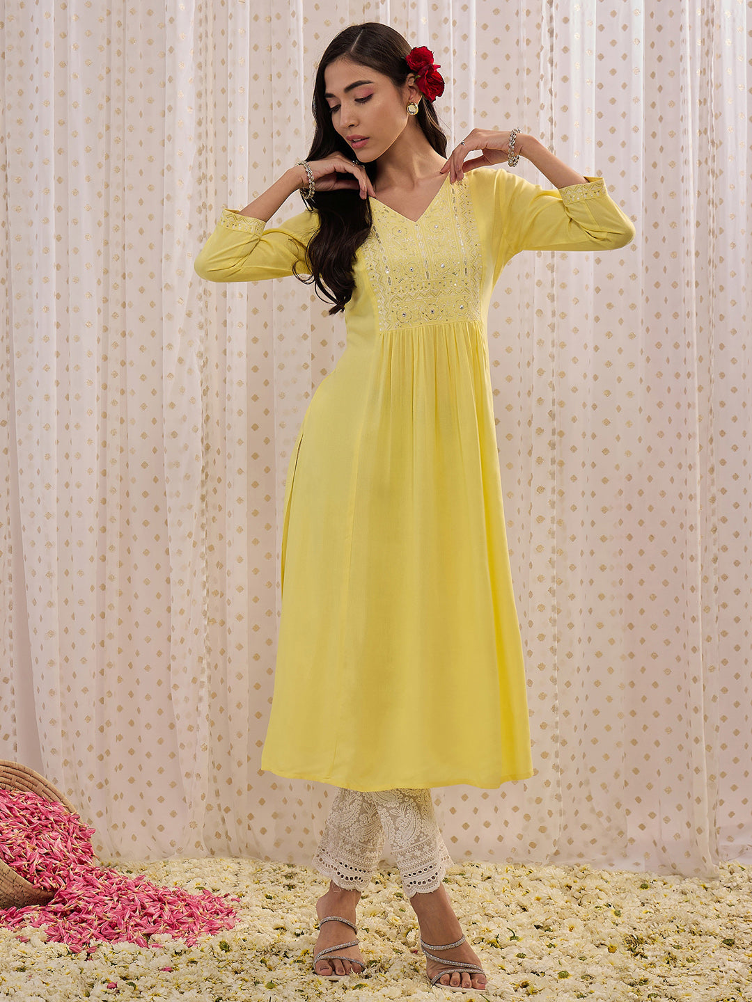 Indo Era Yellow Embroidered A-Line Kurta - Distacart