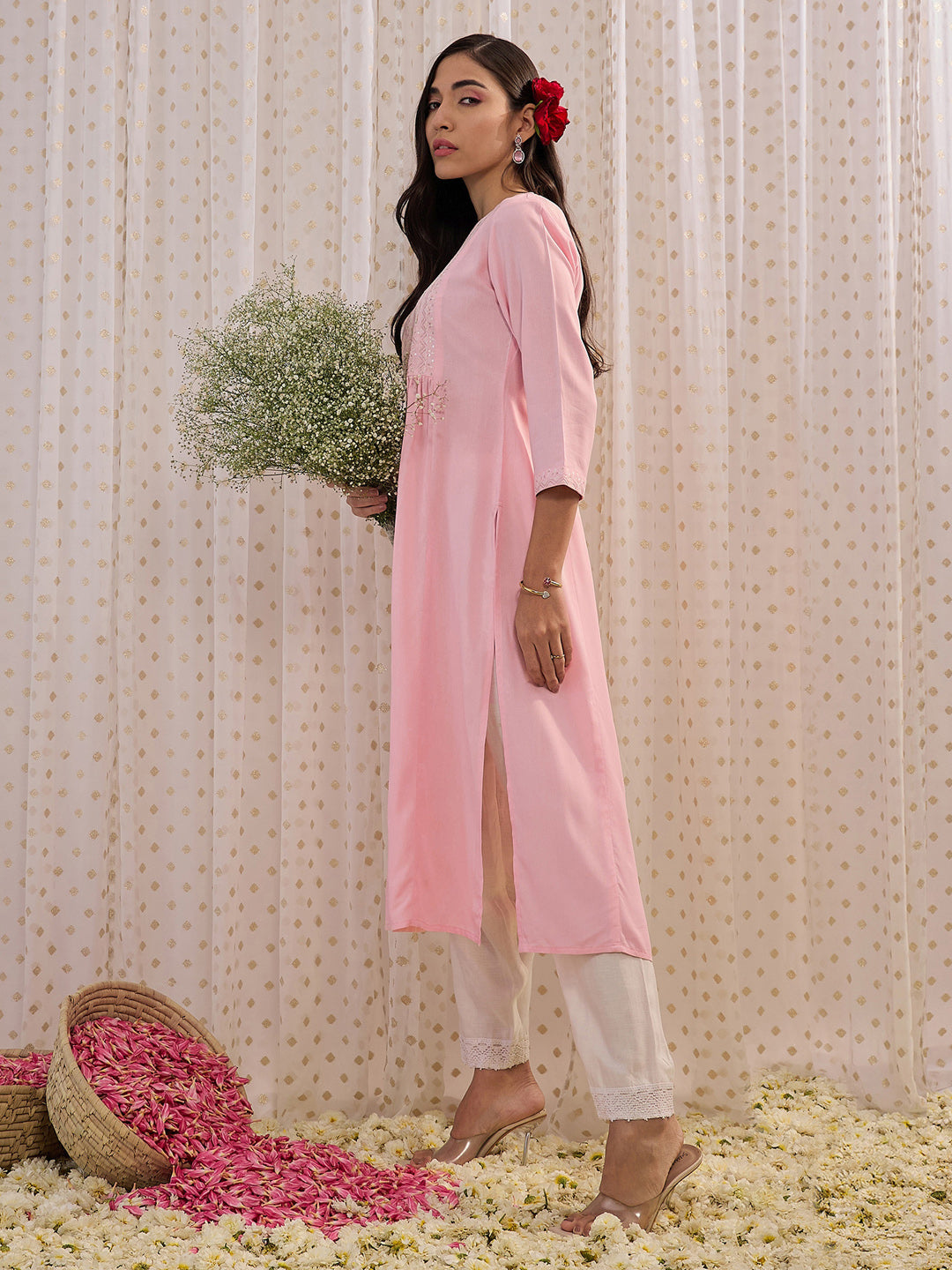 Indo Era Pink Embroidered A-Line Kurta - Distacart