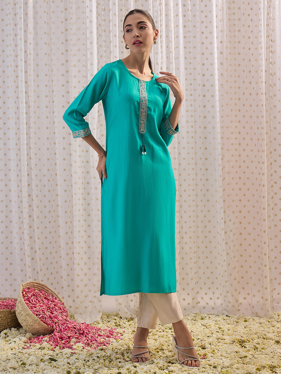 Indo Era Blue Embroidered Straight Kurta - Distacart