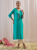 Thumbnail for Indo Era Blue Embroidered Straight Kurta - Distacart