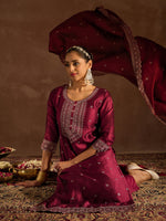 Thumbnail for Indo Era Maroon Embroidered Straight Kurta Trousers With Dupatta set - Distacart