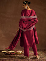 Thumbnail for Indo Era Maroon Embroidered Straight Kurta Trousers With Dupatta set - Distacart