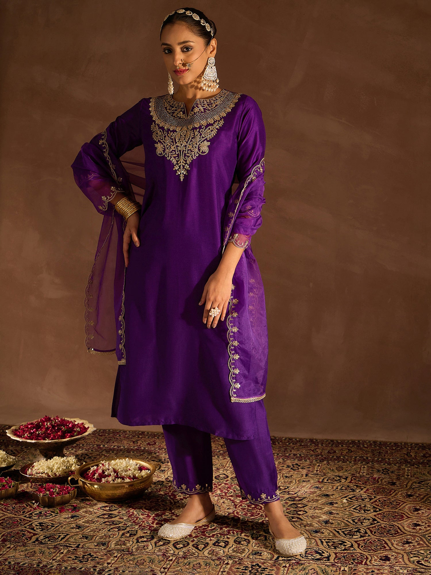 Indo Era Purple Embroidered Straight Kurta Trousers With Dupatta set - Distacart