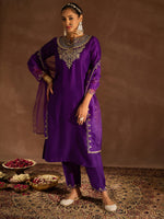 Thumbnail for Indo Era Purple Embroidered Straight Kurta Trousers With Dupatta set - Distacart