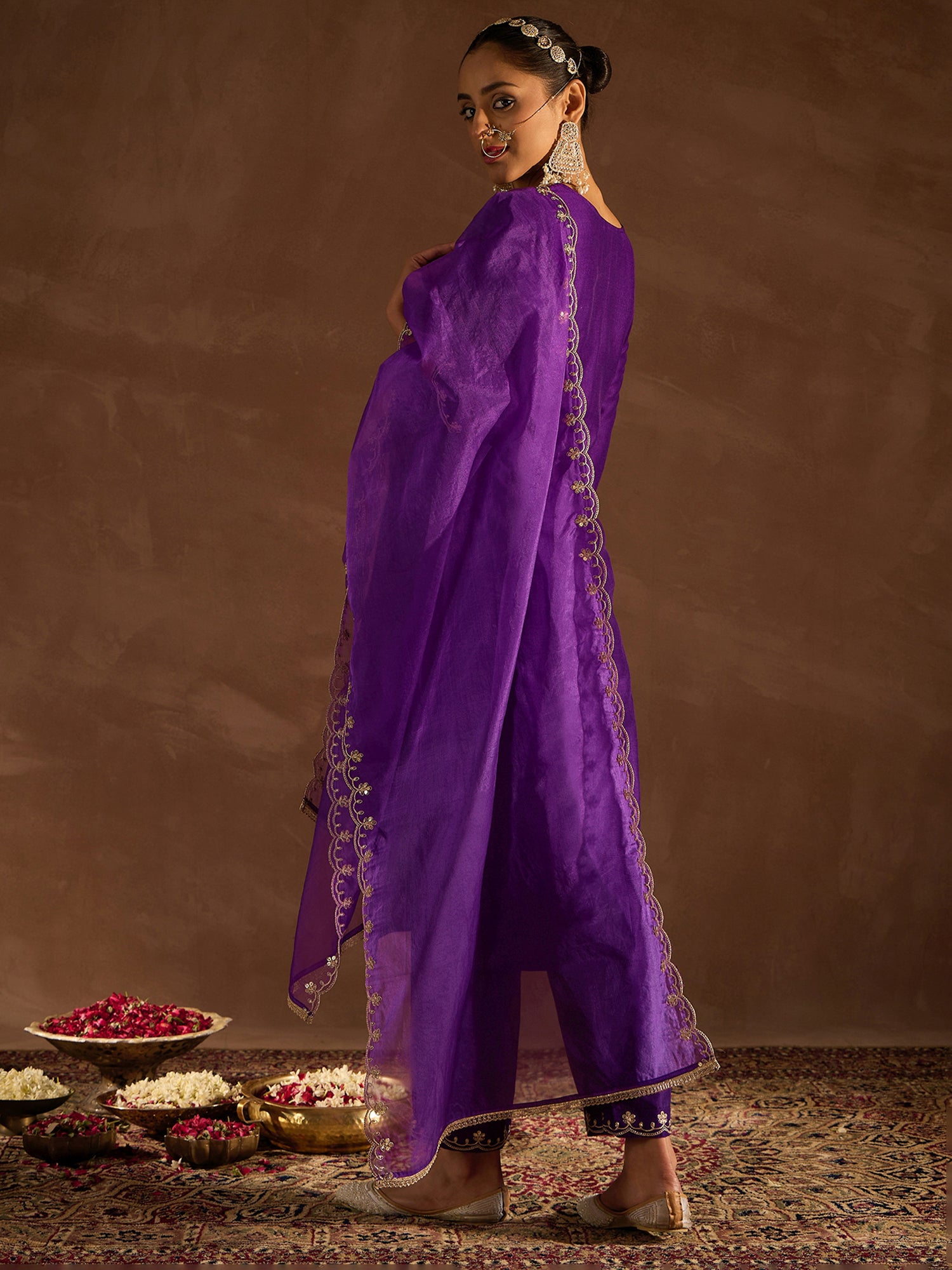 Indo Era Purple Embroidered Straight Kurta Trousers With Dupatta set - Distacart