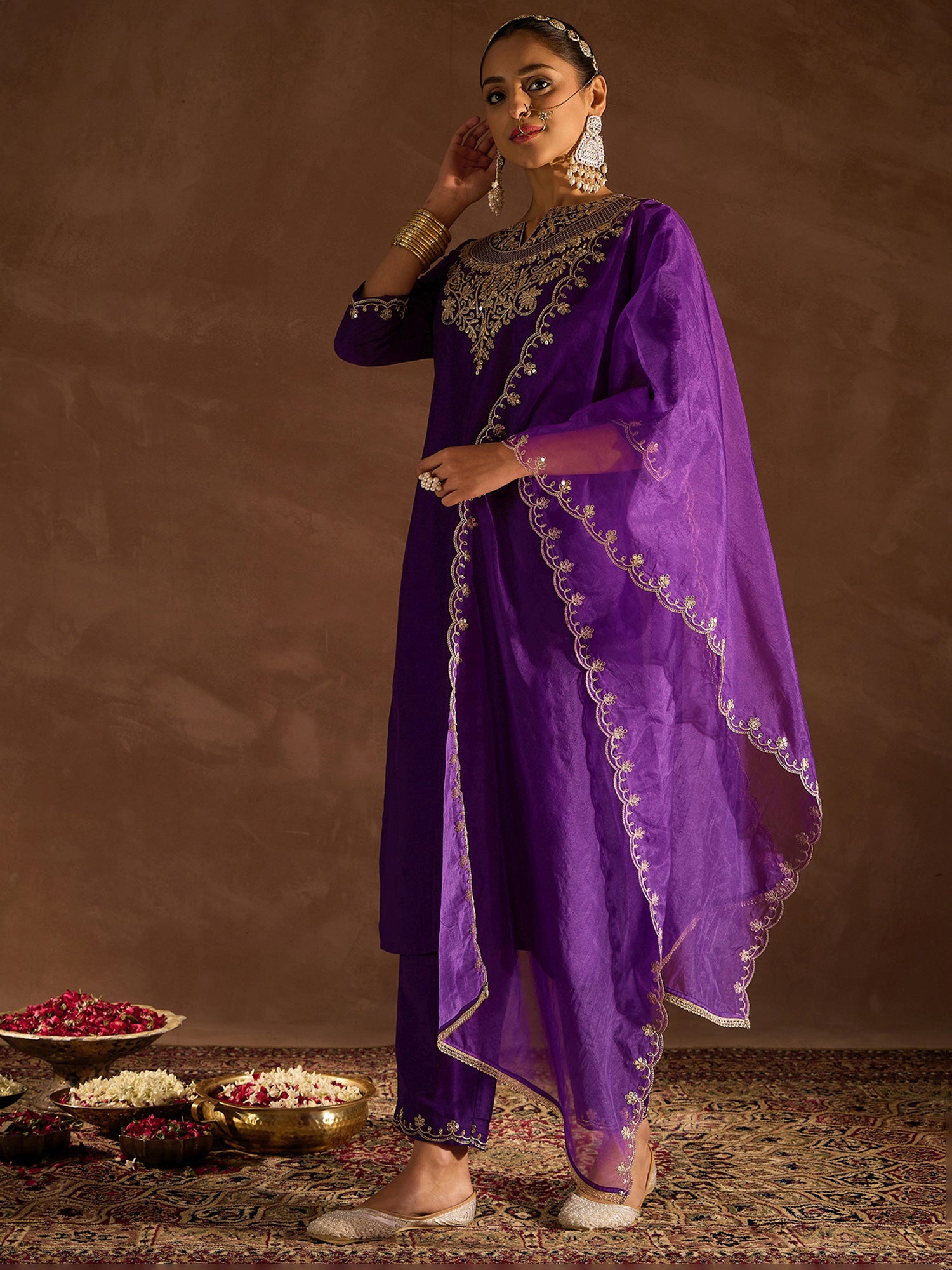 Indo Era Purple Embroidered Straight Kurta Trousers With Dupatta set - Distacart