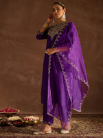 Thumbnail for Indo Era Purple Embroidered Straight Kurta Trousers With Dupatta set - Distacart