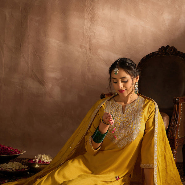 Indo Era Yellow Embroidered Straight Kurta Trousers With Dupatta set - Distacart