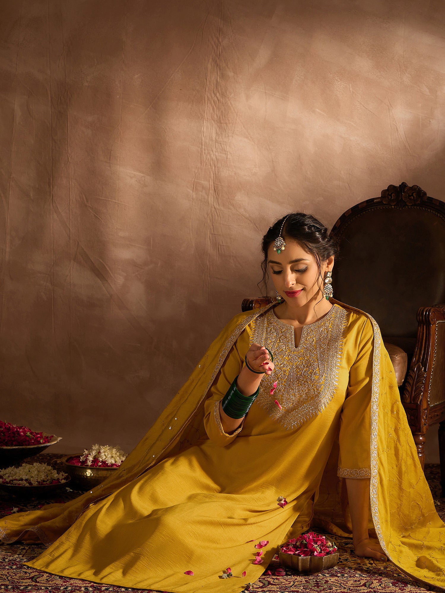 Indo Era Yellow Embroidered Straight Kurta Trousers With Dupatta set - Distacart