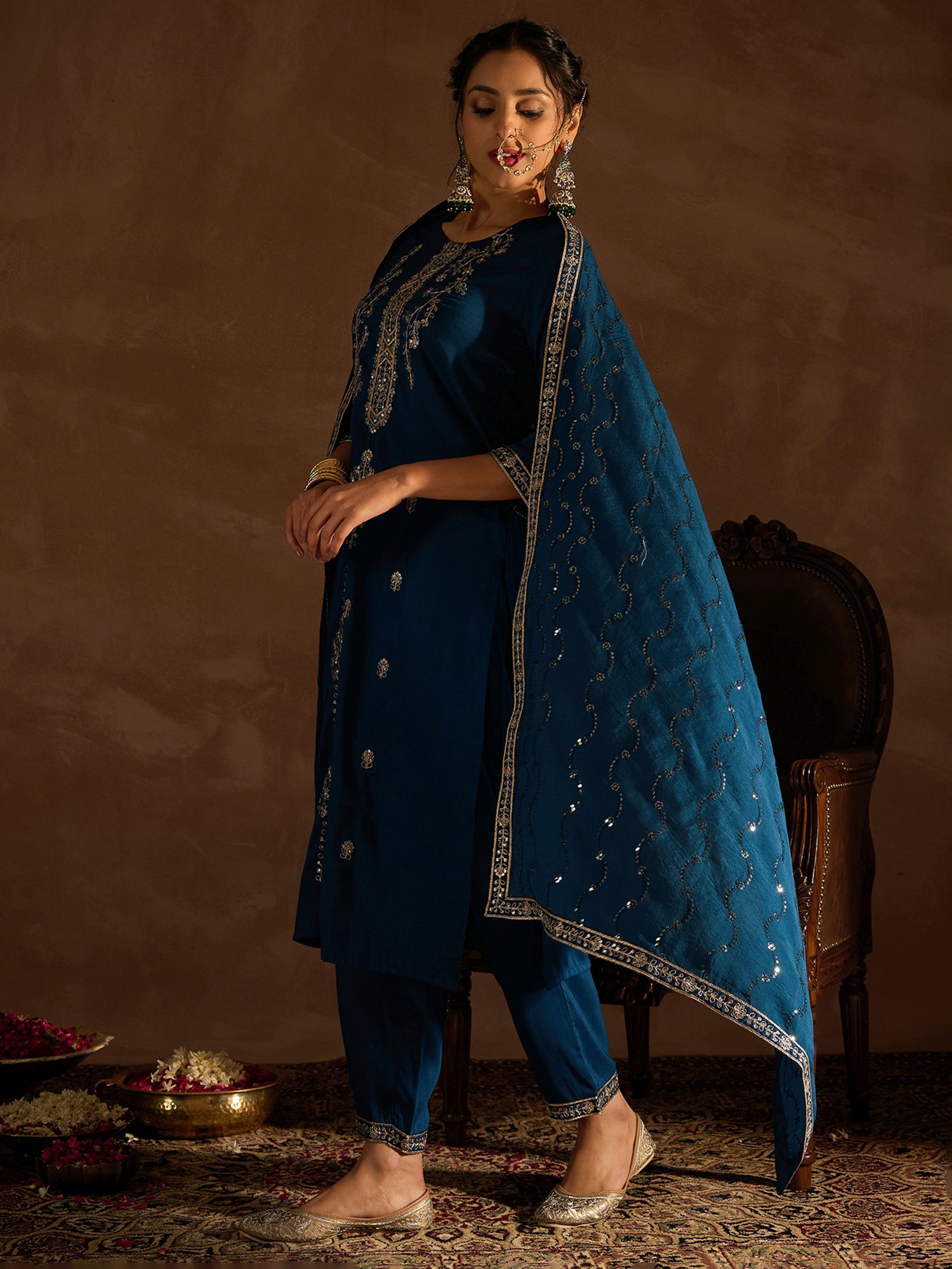 Indo Era Teal Embroidered Straight Kurta Trousers With Dupatta set - Distacart