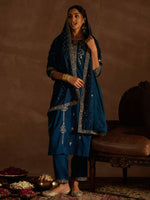 Thumbnail for Indo Era Teal Embroidered Straight Kurta Trousers With Dupatta set - Distacart