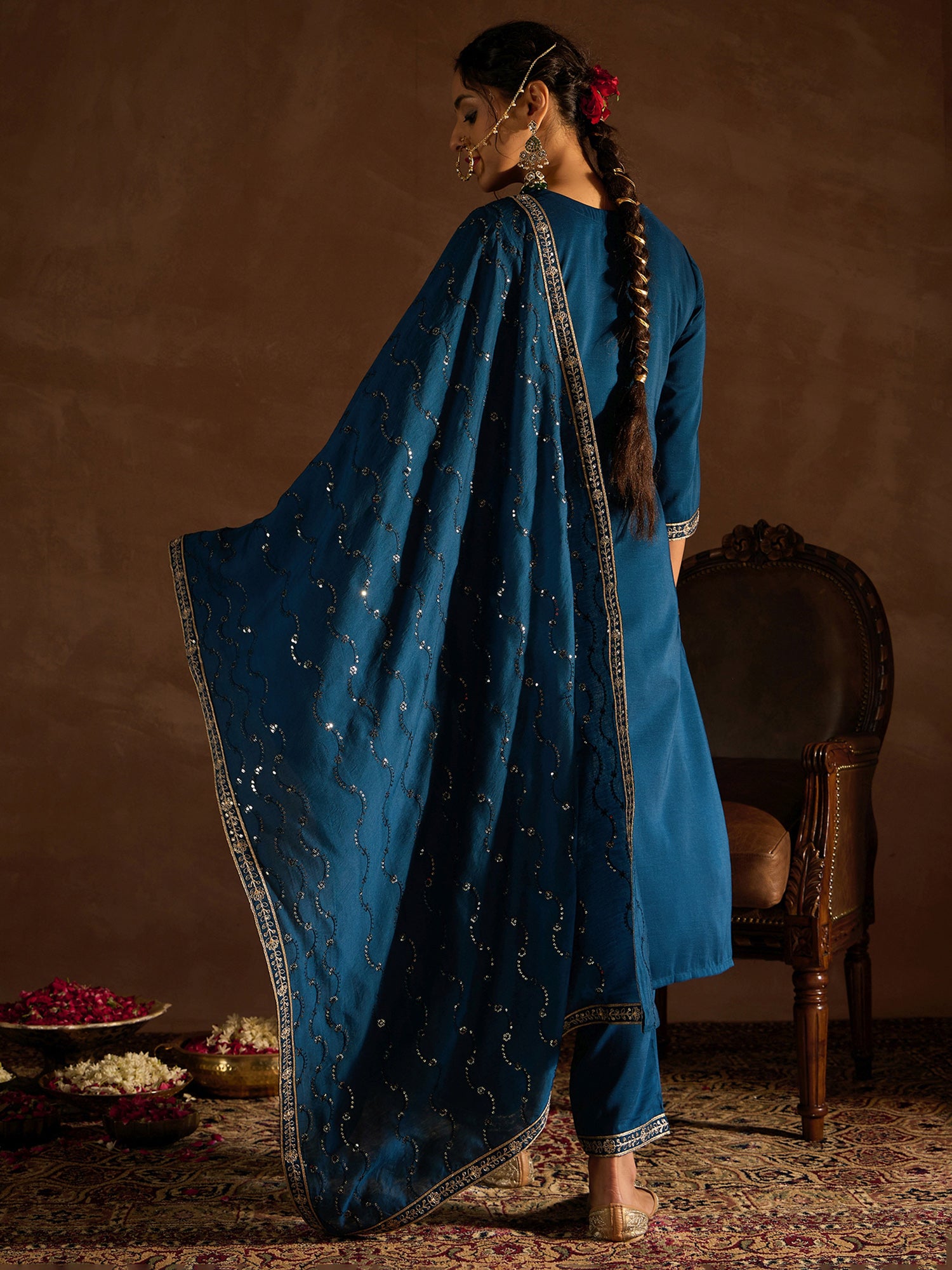 Indo Era Teal Embroidered Straight Kurta Trousers With Dupatta set - Distacart