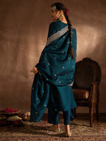 Thumbnail for Indo Era Teal Embroidered Straight Kurta Trousers With Dupatta set - Distacart