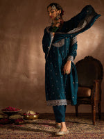 Thumbnail for Indo Era Teal Embroidered Straight Kurta Trousers With Dupatta set - Distacart