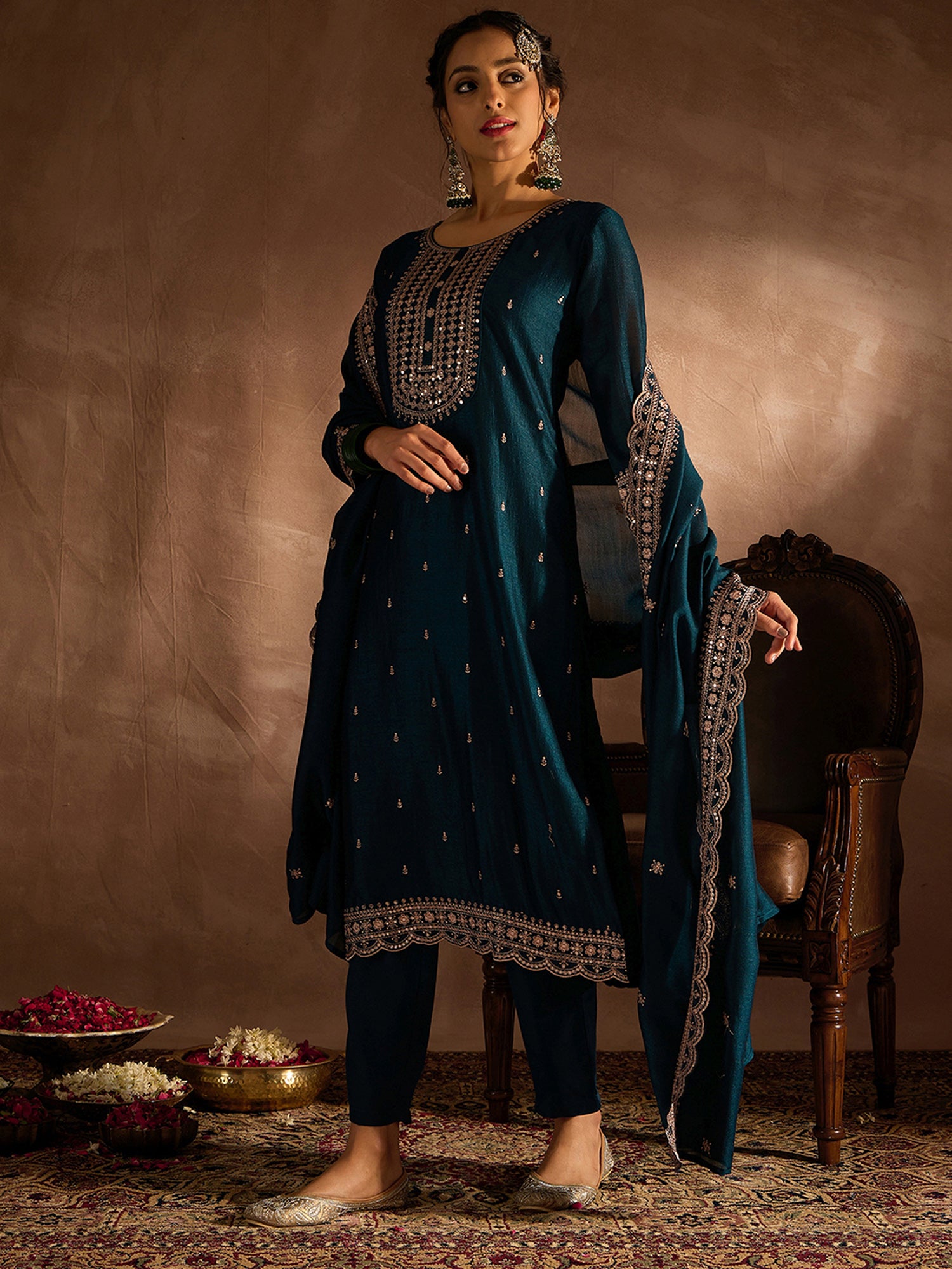 Indo Era Teal Embroidered Straight Kurta Trousers With Dupatta set - Distacart