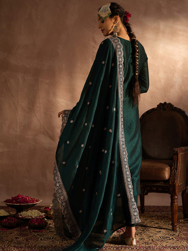 Indo Era Green Embroidered Straight Kurta Trousers With Dupatta set - Distacart