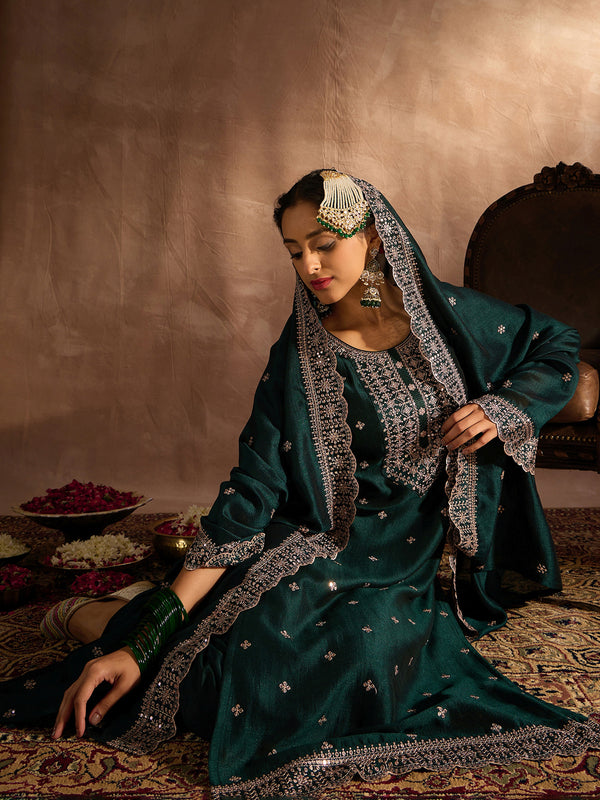 Indo Era Green Embroidered Straight Kurta Trousers With Dupatta set - Distacart