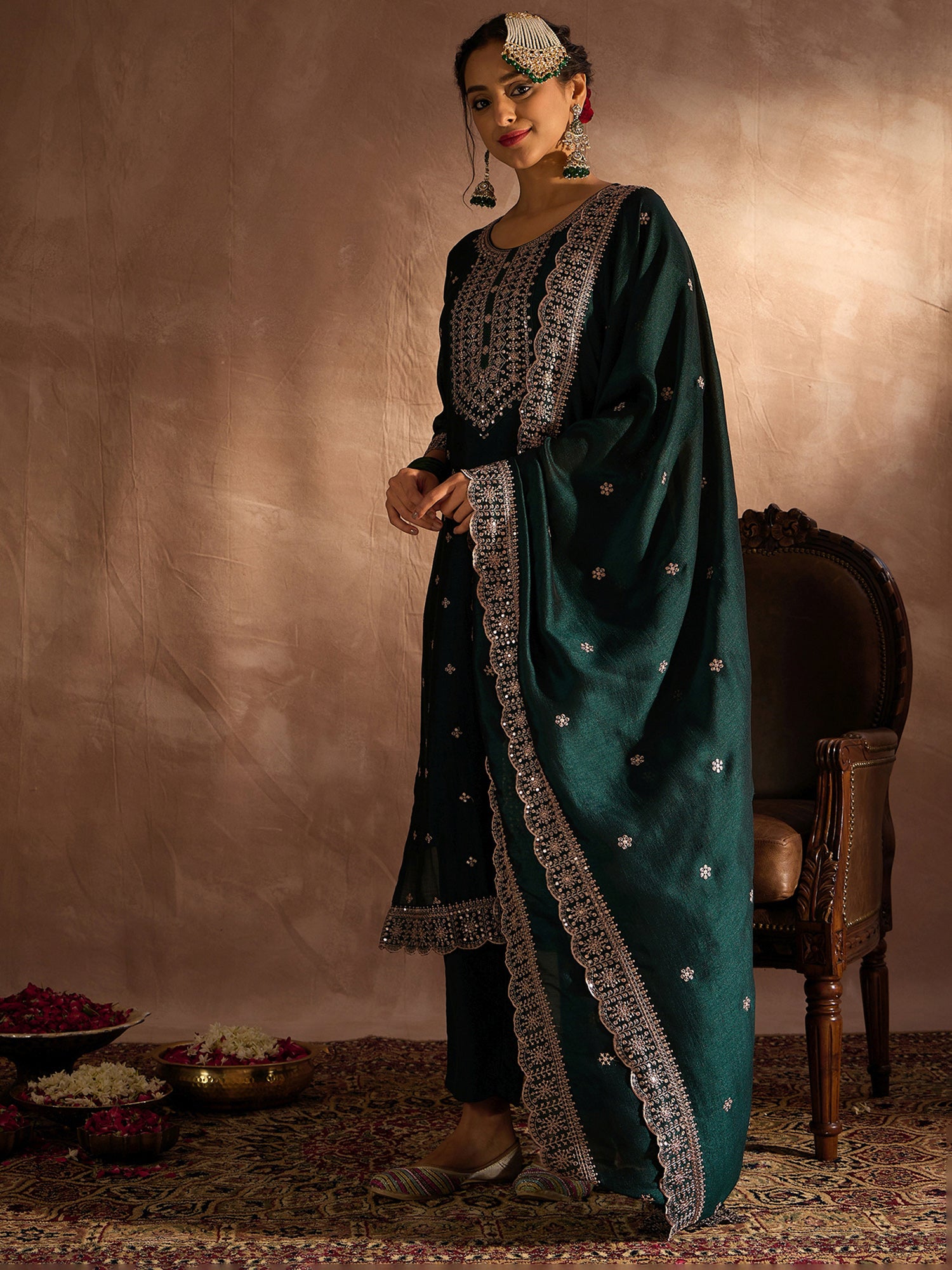 Indo Era Green Embroidered Straight Kurta Trousers With Dupatta set - Distacart