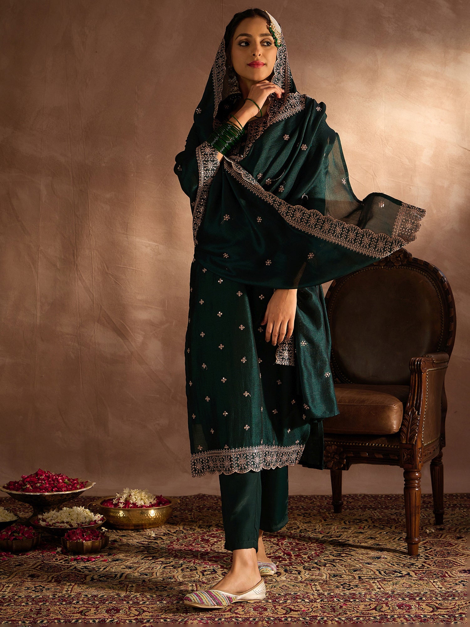 Indo Era Green Embroidered Straight Kurta Trousers With Dupatta set - Distacart