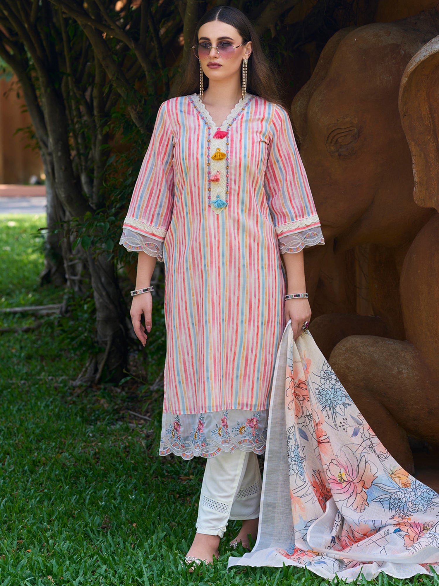 Indo Era Multi Striped Straight Kurta Trousers With Dupatta set - Distacart